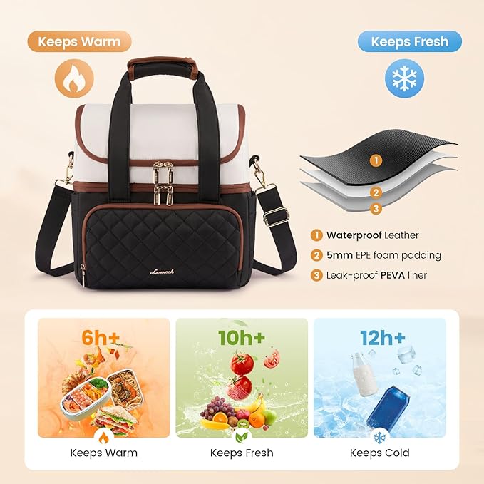 LOVEVOOK Insulated Lunch Bag For Women,X Large Double Deck Adult Lunch Box,Teacher Lunch Tote Bag With Cup Holder,Leakproof Cooler Bag With Adjustable Shoulder Strap For Work Picnic Beach,Larger 24L