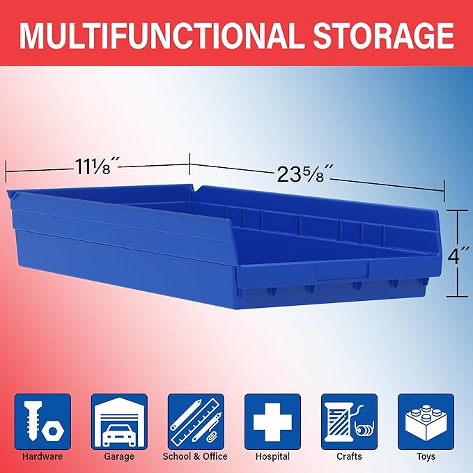 Akro-Mils 30174 Plastic Shelf Bins, Heavy Duty Storage Bins for Garage, Closet, and Drawer Organization, 24-Inch x 11-Inch x 4-Inch, Blue, 6-Pack
