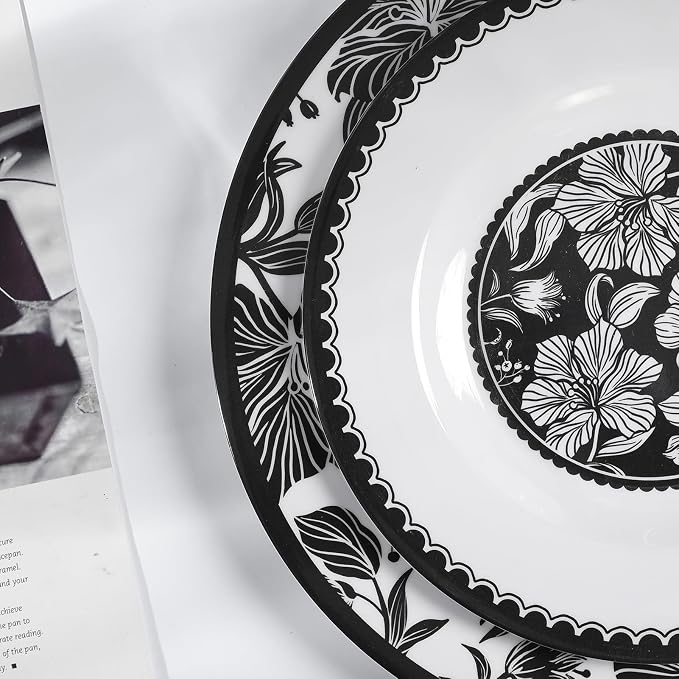 Melamine Dinnerware Sets 12pcs-Melamine Plates and Bowls Set Black Flower Lily Pattern Indoor Outdoor Use Unbreakable Dishwasher Safe