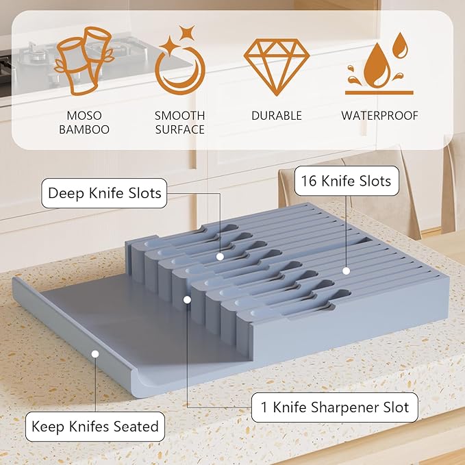 Domax Bamboo In-drawer Knife Block - Kitchen Knife Drawer Organizer Insert, Knife Holder without Knives Large, Drawer Knife Organizer Fits for 16 knives and 1 Sharpening Steel (Not Included), Gray