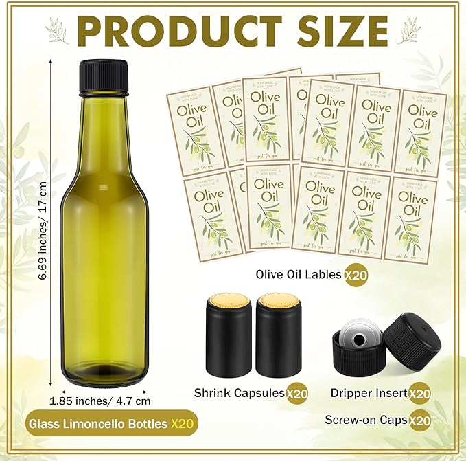 Havawish 20 Pcs 5oz Homemade Mini Olive Oil Bottles Hot Sauce Glass Bottles with Leak Proof Screw Cap Funnel Clear Bottle for Storing Homemade Olive Oil Wedding Baby Shower Gifts (Green)