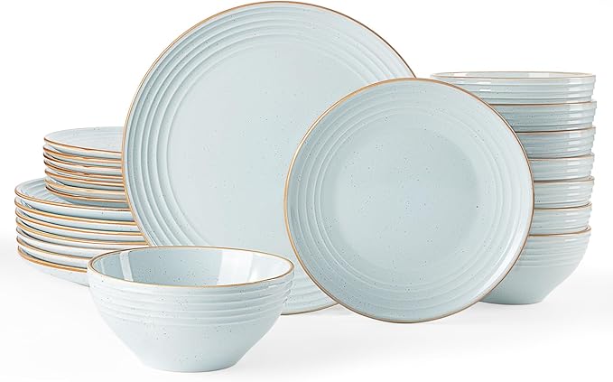 Famiware Jupiter 24-Piece Stoneware Dinnerware Set, Handcrafted Plates and Bowls with Speckles & Embossed Swirls, Chip/Scratch Resistant, Microwave/Dishwasher Safe, Rustic Dishes, Service for 8, Blue