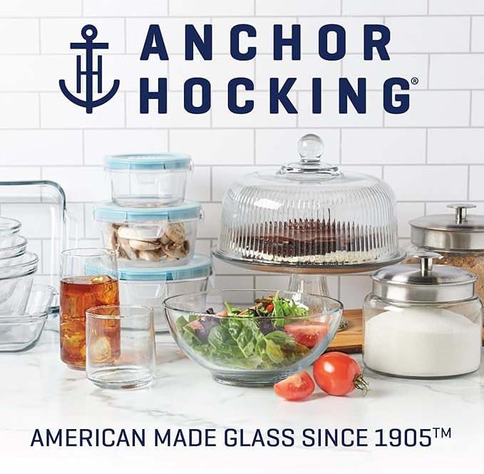 Anchor Hocking 16 Piece Glass Storage Containers with Lids (8 Glass Food Storage Containers & 8 Navy Blue SnugFit Lids)