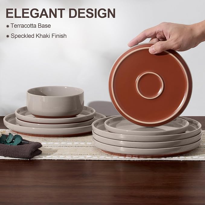 E-far 6-Piece Ceramic Dinnerware Sets, Plates and Bowls Sets for 2, Stoneware Dishware Dishes Set with Terracotta Base, Chip & Scratch Resistant, Microwave & Dishwasher Safe, Speckled Khaki