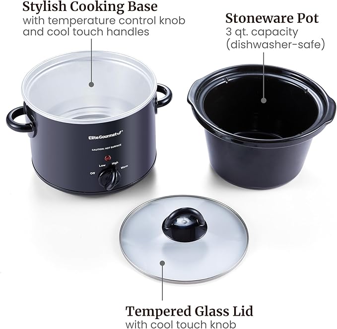 Elite Gourmet MST-350B Electric Slow Cooker, Adjustable Temp, Entrees, Sauces, Stews & Dips, Dishwasher Safe Glass Lid & Crock (3 Quart, Black)