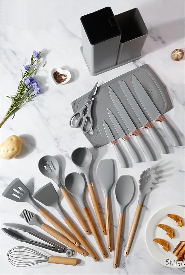 19 in 1 Kitchen Utensils and Knife Set with Storage, Include 11 Piece Silicone Cooking Utensils 5 Pcs Sharp Stainless Steel Chef Knives Scissors Whisk Tongs and Cutting Board GrEY