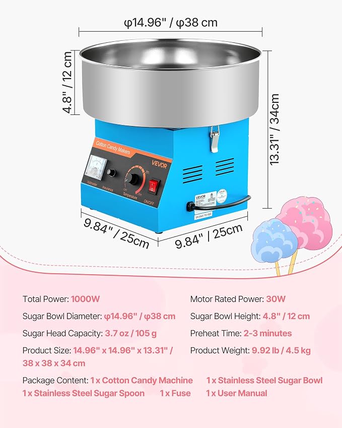 VEVOR Cotton Candy Machine Commercial, 1000W Electric Candy Floss Maker, Easy Use with 15 inch Stainless Steel Bowl and Sugar Scoop, Makes Hard Candy for Home Kids Birthday, Family Party, Blue