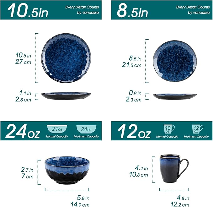 vancasso Starry 16 Pieces Dinnerware Set for 4, Reactive Glaze Blue Stoneware Plates and Bowls Set, Dishes Set with Mugs for 4, Microwave & Dishwasher Safe