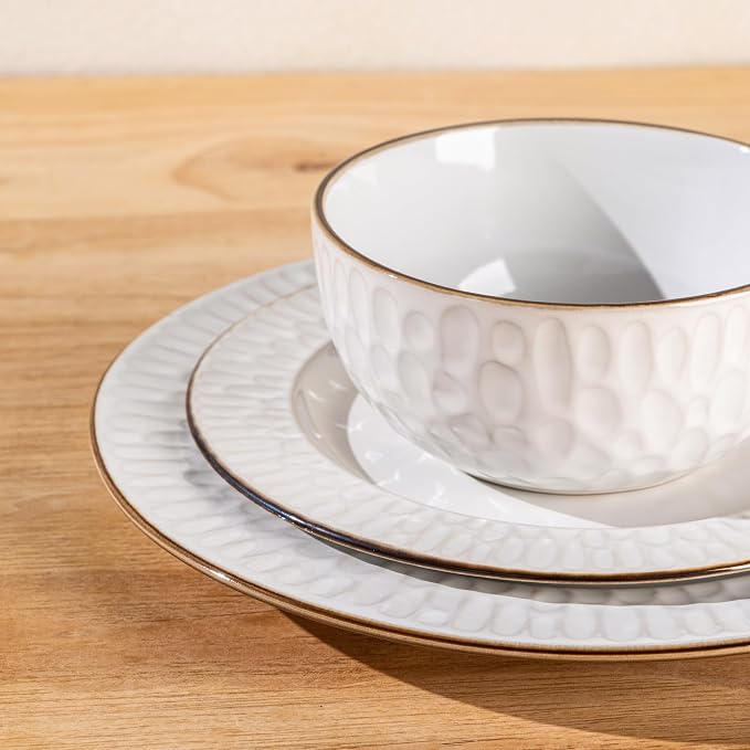 GBHOME Ceramic Dinnerware Sets, 24 pcs Embossed Elegant Stoneware Plates and Bowls Sets, Housewarming Wedding Gift | Dishwasher & Microwave Safe | Dishes Set Service for 8