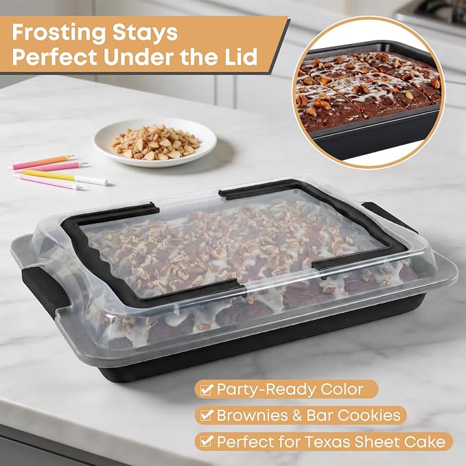 Black Sheet Cake Pan with Lid, 2-Pack 15"×10"×2" Deep Jelly Roll Pan, Nonstick Ceramic Coating, PFOA & PTFE Free, Oven Safe 450°F, for Texas Sheet Cake, Brownies, Potluck