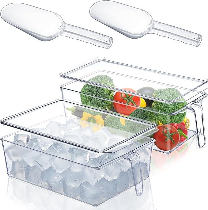 Havawish 4 Pcs Ice Storage Bin for Freezer with Lid and Flexible Scoop Set Plastic Ice Container with Lid Handle for Home Office Fridge Storage (12.4 x 8.07,12.4 x 5.91 Inches,Clear)