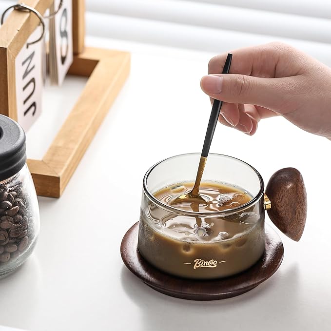 Bincoo Glass Coffee Cups and Saucers Set, 250ML Clear Glass Iced Coffee Mug Espresso Cup Tea Cup with Walnut Handle and Coaster (Gray)
