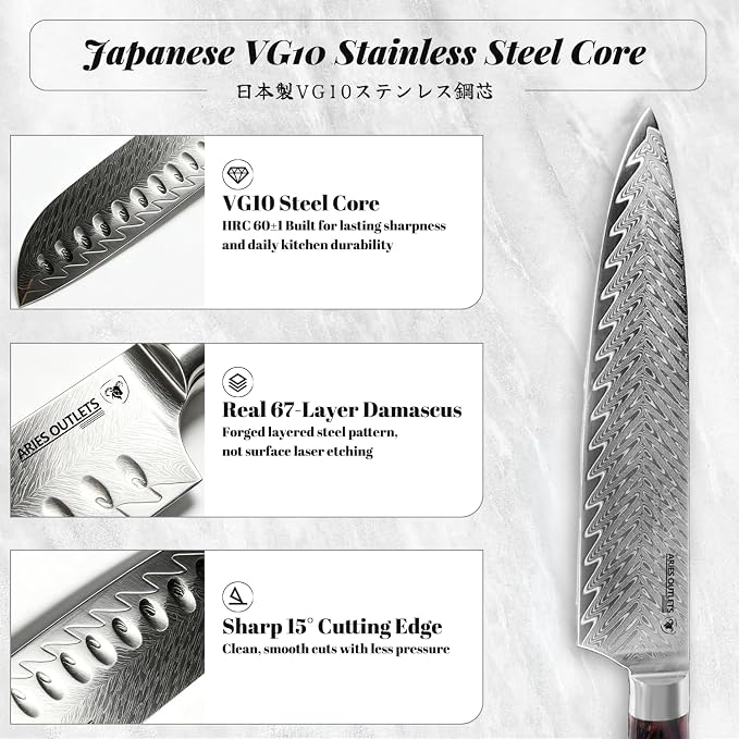 6 Piece Japanese Damascus Knife Set, Professional Chef Knife Set with VG10 Steel Core, Ultra Sharp 67-Layer Kitchen Knives, Pakkawood Handle Gift Box