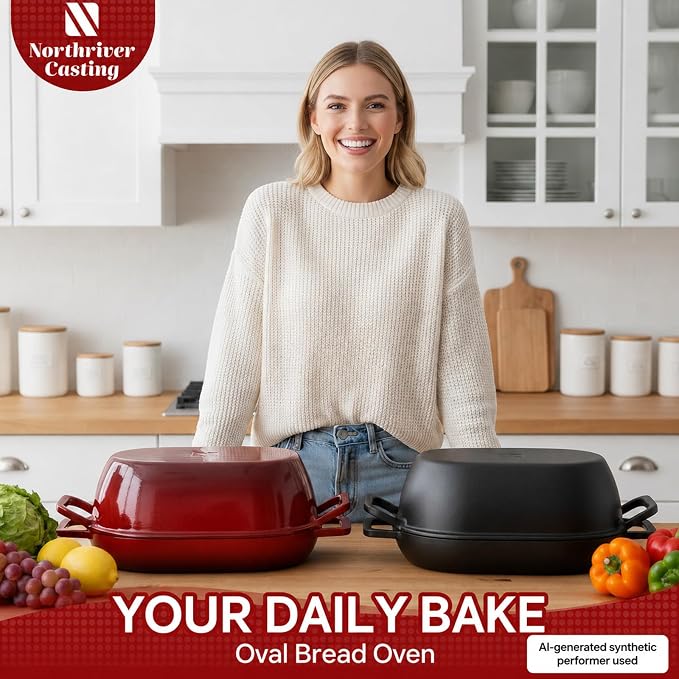 Northriver Casting Enameled Cast Iron Oval Dutch Oven for Bread Baking，12"x8" Bread Pot with Lid，Ideal for Sourdough, Artisan Loaves & Family Meals，5 Qt