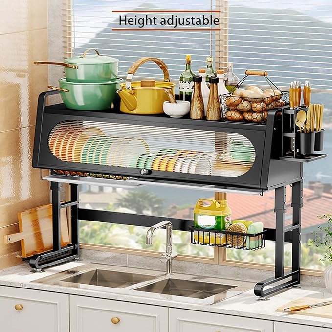Dish Rack Cabinet Over Sink Standing Dish Drying Rack Dish Drainer Organizer with Adjustable Height Kitchen Large Capacity Kitchen Storage Shelf for Home Kitchen(Black,34.2in (87cm))