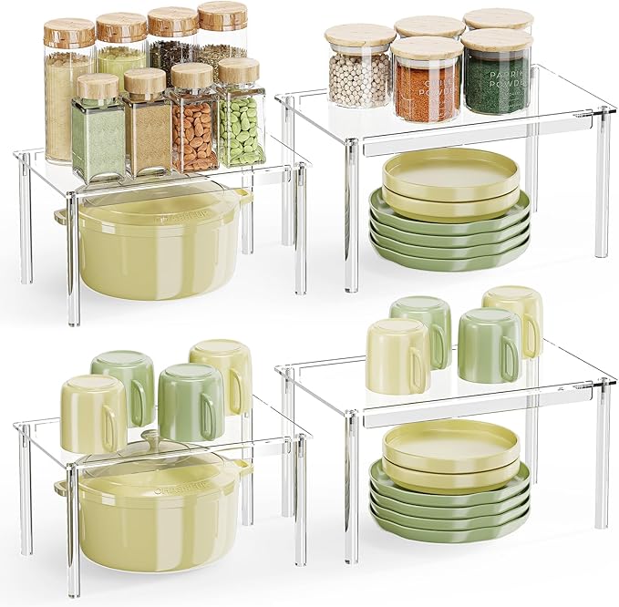 Delamu 2-Tier Clear Stackable Under Sink Organizers 2 Sets & Set of 4 Acrylic Shelf Riser, Cabinet Organizer Shelf for Kitchen