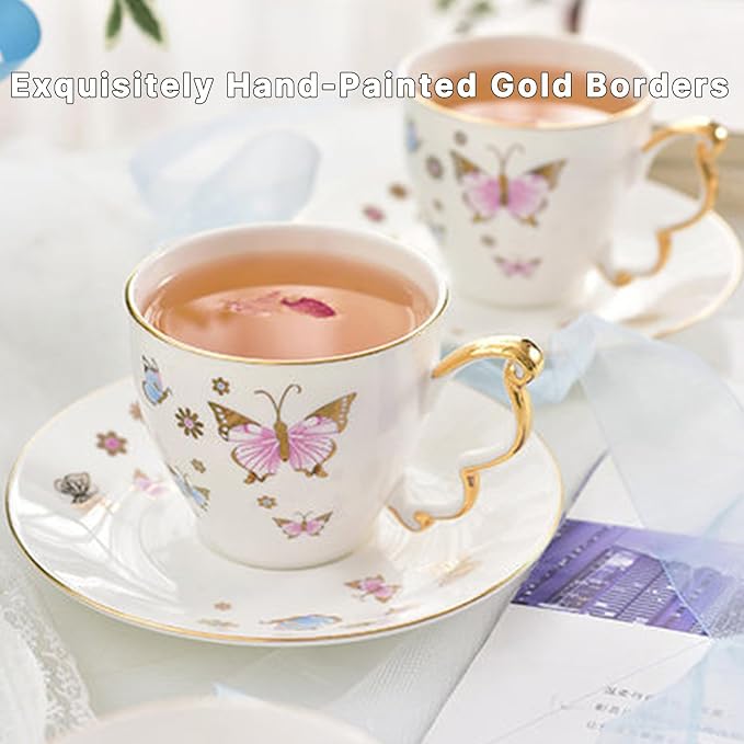 Butterfly Cup and Saucer Set, Bone China Tea Cup and Saucer with Spoon, Porcelain Coffee Mug with Gold Trim, Dishwasher Safe, Gift for Women, Mom, Friends, 6.8 oz