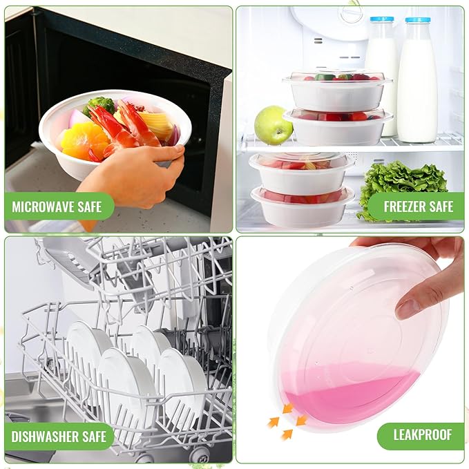 Nuenen 100 Pcs 16 oz Round Meal Prep Containers with Lids Plastic Containers Meal Prep Lunch Box Bowls Take out Food Storage Bento Box Microwavable Freezer Safe(White)