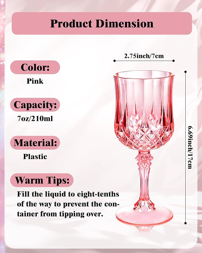 Ciaell 24PCS Pink Plastic Wine Glasses - 7 Oz Plastic Goblets for Party - Pink Vintage Drinking Glasses - Disposable Water Goblets Set for Wedding, Bar, Wine, Cocktail, Whiskey