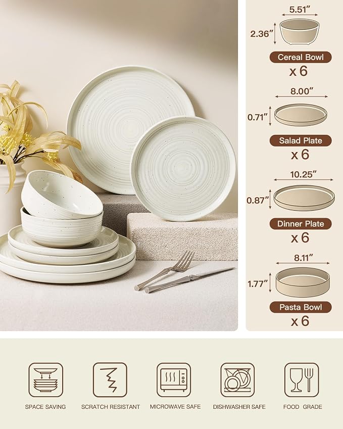 24-Piece Stoneware Dinnerware Sets for 6 with Pasta Bowls – Speckled Glaze with Spiral Design, Coupe Plates and Bowls - Chip & Scratch Resistant, Microwave & Dishwasher Safe, Cream