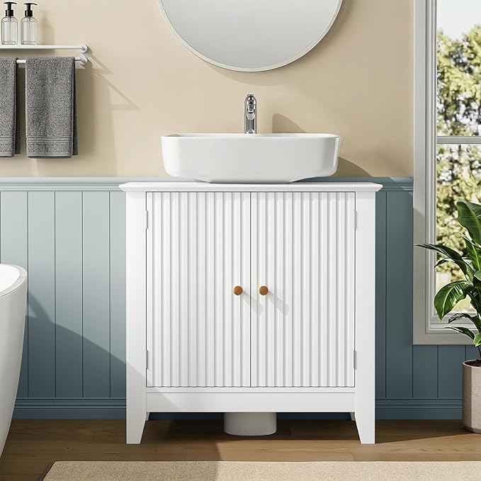 Under Sink Bathroom Cabinet with U-Shape Cutout for Pedestal Sink, Storage Cabinet with 2 Doors, Adjustable Shelf, Freestanding Floor Cabinet, Space-Saving Organizer for Bathroom (White)