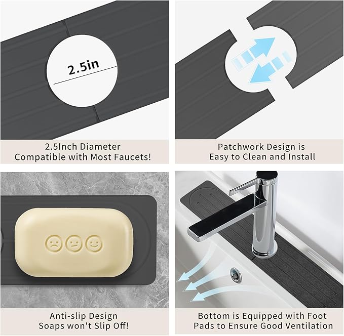 Stone Faucet Mat for Kitchen Sink, Diatomite Fast Drying Absorb Moisture Tray, Prevents Water Buildup, Durable Anti-slip Splash Guard Sink Protector (Dark Gray, 15.7"x4")