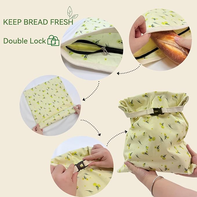 Reusable Beeswax Bread Bags, 2 Pack 16.6x12.6in Large-Organic Cotton for Sourdough Bread Homemade, Freezer Storage to Keep Fresh