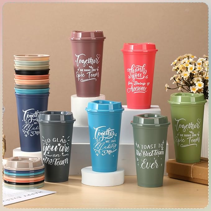 Pickmesh 15 Pcs Employee Appreciation Gifts Bulk 16 oz Plastic Tumblers with Lids Graduation Teacher Appreciation Gifts Reusable Coffee Cups for Staff Volunteer Coworker Team (Morandi Color 2)