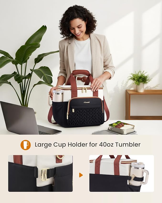 LOVEVOOK Lunch Bag Women, Insulated Wide Opening Adult Lunch Box for Women Work with Cup Holder, Large Lunch Cooler Tote Bag with Utensils Pocket for Office Campus Picnic Beach Mom Nurse Family