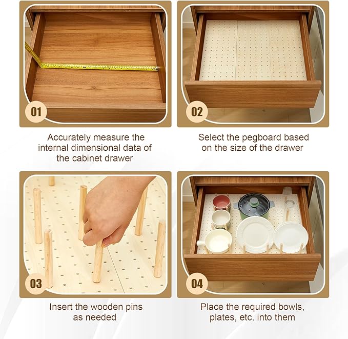 Kigley 6 Pcs Wood Pegboard Drawer Organizer with 48 Pegs Wooden Peg Board System Peg Drawer Organizers for Kitchen Dishes Plate Pegboard Food Containers(20.98x5.91,Wood)