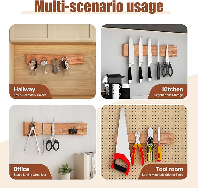 Magnetic Knife Strip, 16 Inch Oak Magnetic Knife Holder for Wall with N52 Super Strong Magnets, Premium Wooden Knife Magnetic Strip Organizer for Kitchen Knives, Tools,No Drilling