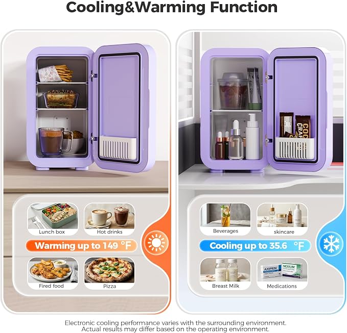 OSTBA Mini Fridge for Skincare, 6 Liter/8 Can 110V AC/DC Portable Thermoelectric Cooler Refrigerators for Bedroom, Skincare, Beverage, Office, Dorm Room and Car, Purple