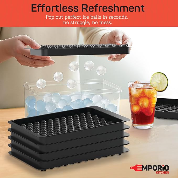 Emporio Kitchen Round Ice Cube Tray Set Pack of 2, BPA-Free Stackable Trays with Lid & Tongs, 104 Ice Balls Per Tray for Whiskey, Drinks, and Cocktails, Quick Release Round Ice Cube Mold, Black