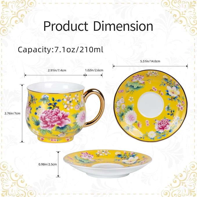 KAMMAK Tea Cups and Saucers Set of 2, Porcelain Coffee Cups, 7.1oz Stackable Espresso Mugs, Ceramic Demitasse for Coffee, Latte, Americano, Tea (940N+941N)