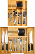 VaeFae Bamboo Silverware Drawer Organizer with Knife Block Set
