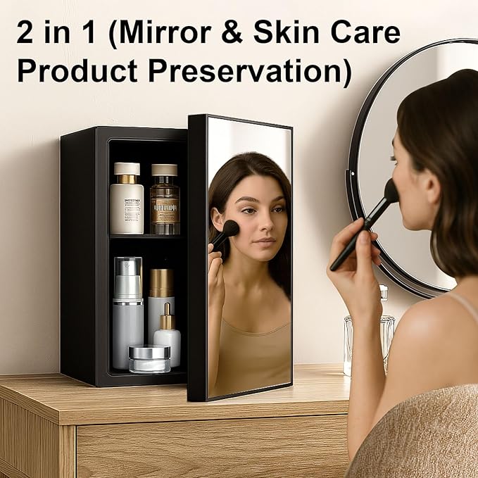 7 Temp Control 24 Can Mini Fridge, 0.95 Cu.Ft Beverage Cooler for Soda, Beer, Wine, Beauty Products, Mirrored Door Compact Refrigerator for Bedroom, Dorm, Office, Storage
