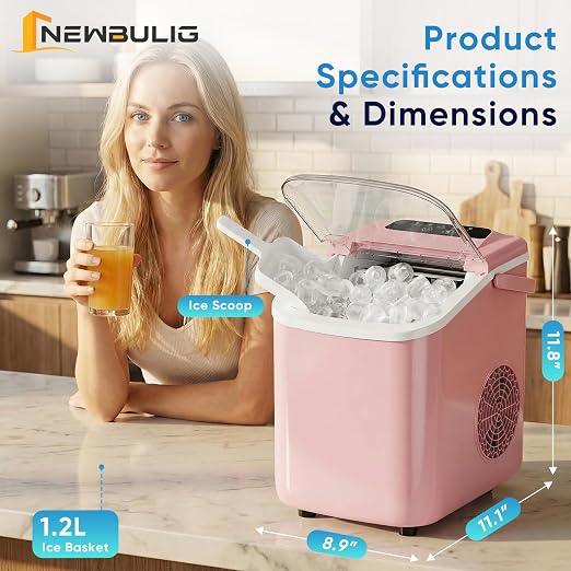 NEWBULIG Ice Maker, Countertop Ice Machine with Handle | 9 Bullet Cubes in 6-8 Mins, 26lbs Daily, Self-Cleaning with Basket and Scoop for Home/Kitchen/Camping/RV