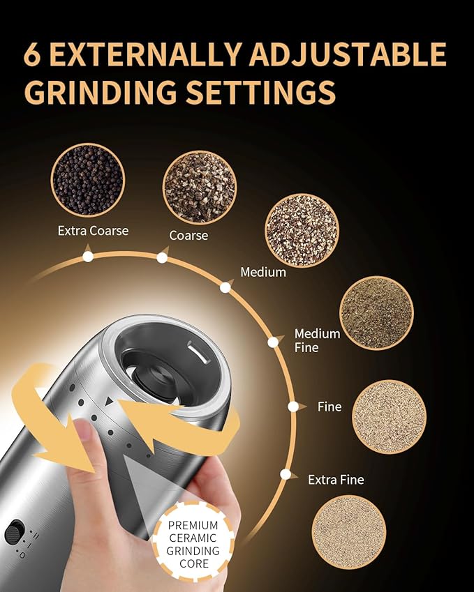 Gravity Electric Salt and Pepper Grinder Set with Rechargeable Base, 2-Speed Grinding Control Stainless Steel Pepper Mill Set with Adjustable Coarseness, LED Light & 176ml Large Capacity