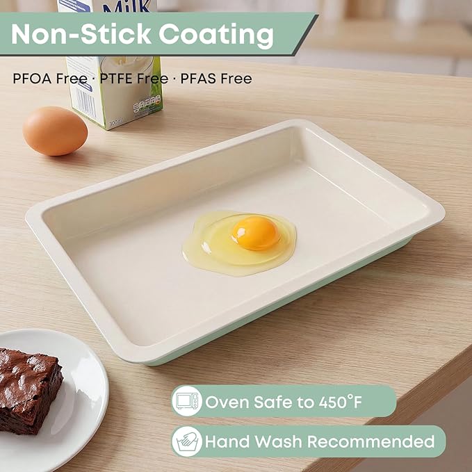 Jelly Roll Pan with Lid, 16.9"x12" Nonstick Sheet Cake Pan, 2" Deep, Snap-Lock Lid for Potluck, PFOA-Free, Oven Safe 450°F, Mint Green