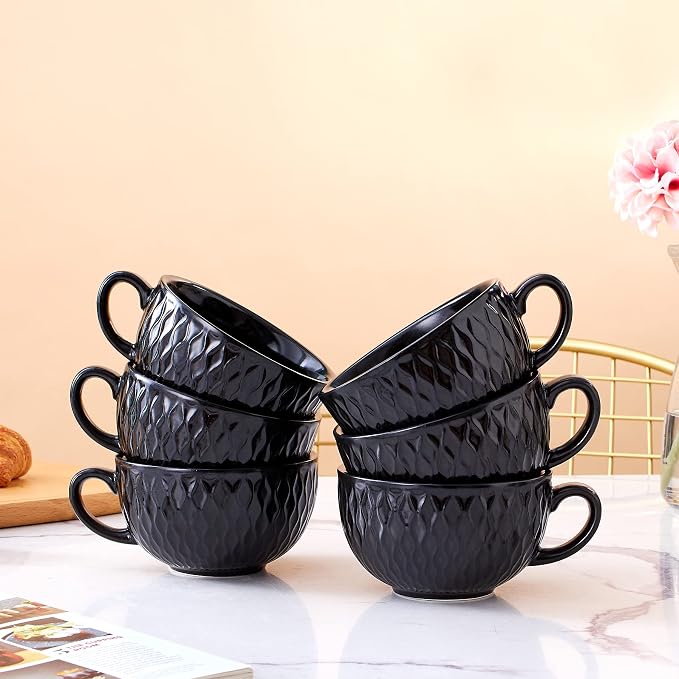 Coffeezone Set of 6 Cups Vintage Design 12 oz Professional Barista Ceramic Latte Art Cappuccino Cups Set (Embossed Black * 6)