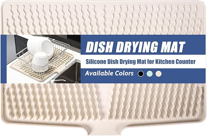 Silicone Dish Drying Mat for Kitchen Counter, Heat-resistant Dish Dryer Mat with Built-in Drain Lip ,Drain Pad Protects Surfaces Prevents Water Build UP (23.6" x 15.7", Ivory-1pcs)