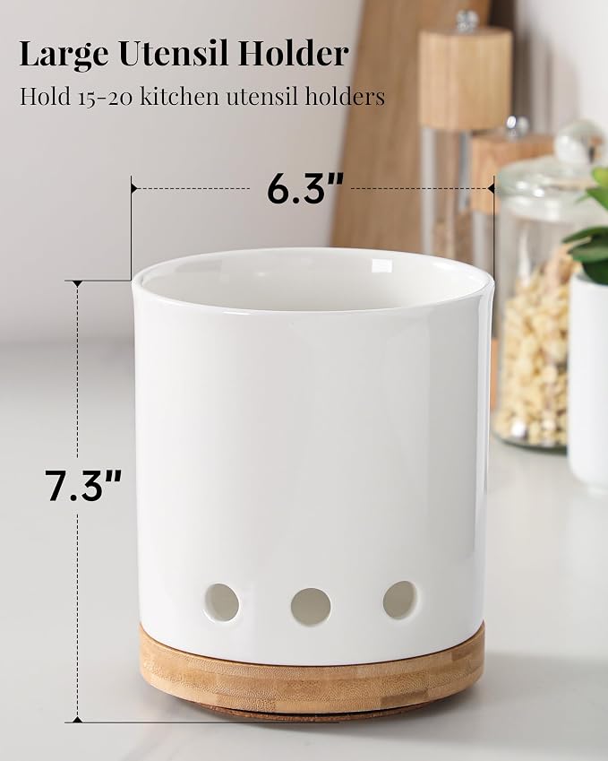 LoeJan 7.3“ 360° Rotating Ceramic Utensil Holder for Kitchen Countertop – Cooking Utensil Crock Organizer with Non-Slip Cork Base for Farmhouse Kitchen Decor, White