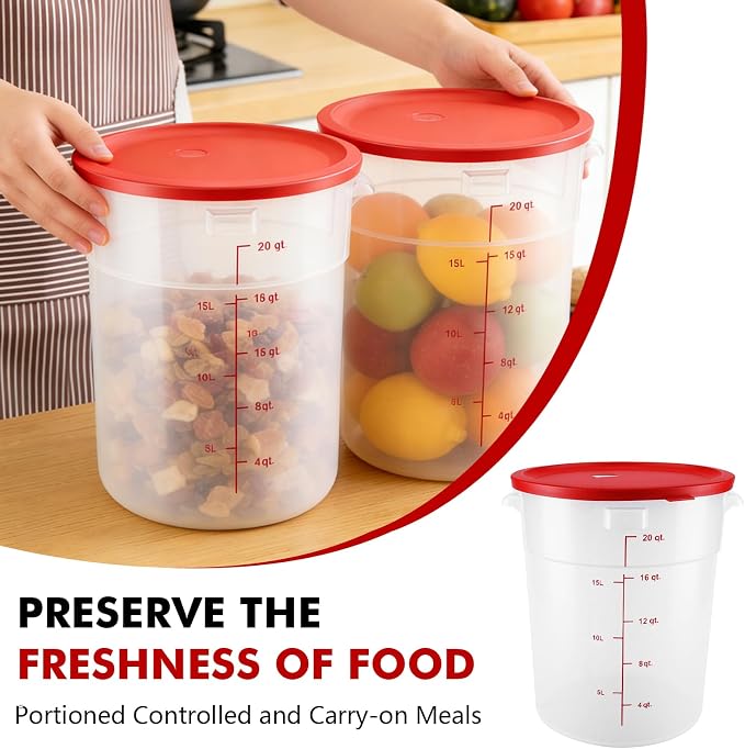 2 Pack Square Food Storage Container With Lid,12-22 Quart Commercial Storage Box With Scale & Handle,Cake Making,Dough Marinating Meat,Kitchen Supplies (polypropylene, Round 21 Quart)
