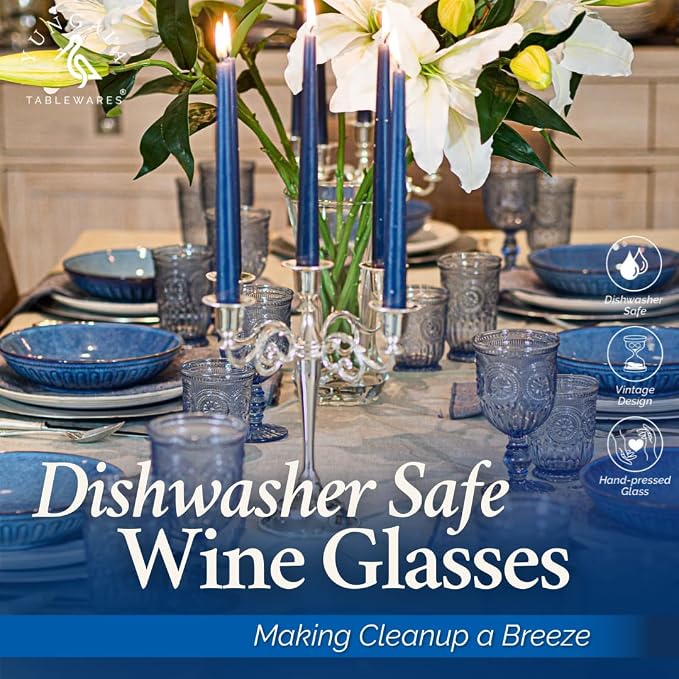 Blue-Wine-Glasses-Sunflower-Set-6 Blue Wine Glasses Set of 6 Vintage Hobnail Goblets 10 oz Dishwasher Safe