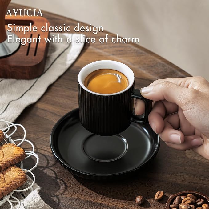 2.5OZ Mini Espresso Cups Set of 4, Black Ceramic Demitasse Espresso Mugs with Saucers, Small Coffee Cups for Single/Double Espresso Shots