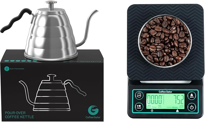 Coffee Gator Gooseneck Kettle 34oz Stainless Steel for Pour Over and Coffee Scale 0.1 Precision with Timer