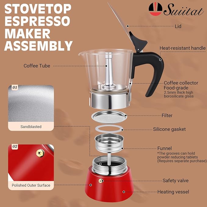 Induction Moka Pot, 4 Cups (7.1 oz) Crystal Glass-Top & Stainless Steel Moka Pot, Classic Stovetop Espresso Maker, Red
