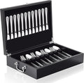 DoubleFill 1 Layer Leather Silverware Storage Box with Lid and Handles, Anti Tarnish Silverware Storage Chest Case with Felt-lined for 12 Sets of Utensils Flatware Gifts, 15.3x11.2x3.6 Inch
