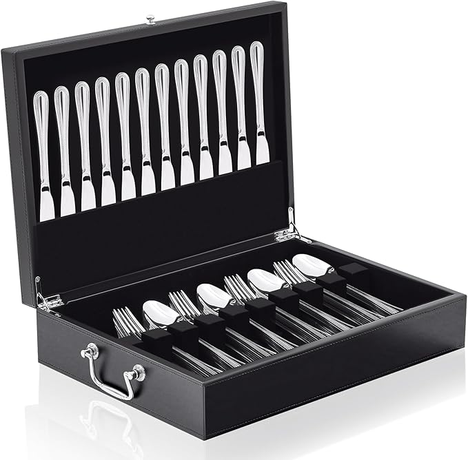 DoubleFill 1 Layer Leather Silverware Storage Box with Lid and Handles, Anti Tarnish Silverware Storage Chest Case with Felt-lined for 12 Sets of Utensils Flatware Gifts, 15.3x11.2x3.6 Inch