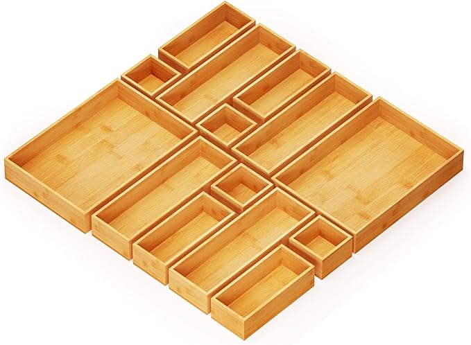 SpaceAid 14-Piece Bamboo Drawer Organizer Storage Boxes Set, Wood Tray Junk Drawer Organizers Multi-Use Divider Bins for Kitchen, Bathroom, Office Desk and Makeup Organization (14 Pack, Natural)